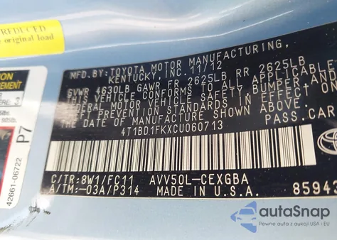 2012 Toyota Camry Hybrid Xle z USA, uszkodzony, nr VIN 4T1BD1FKXCU060713